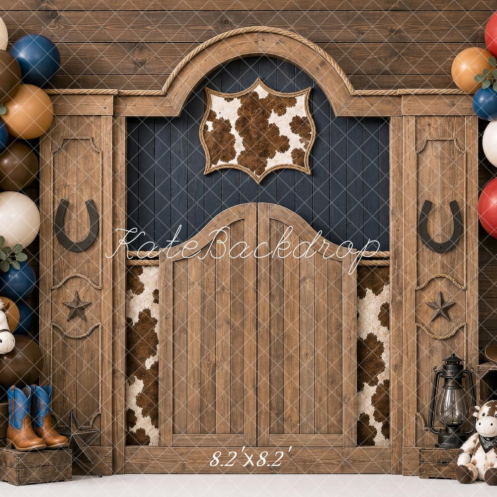 Kate Birthday Western Cowboy Barn Door Balloon Garland Cowhide Printed Backdrop Designed by Shutter Swan Studios