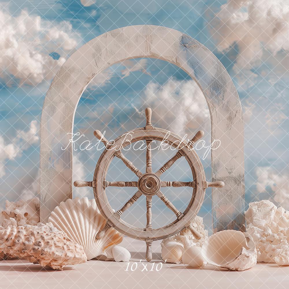 Kate Nautical Ship Wheel Seashells Coral Arch Blue Sky Backdrop Designed by Angela Miller