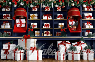 Kate Christmas Indoor Gift Store Printed Backdrop Designed by Mini MakeBelieve