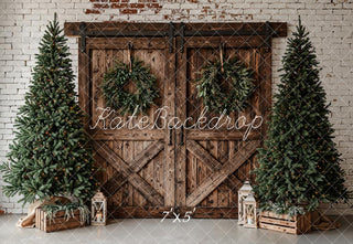 Kate Christmas Wood Barn Door Pine Trees Wreath Printed Backdrop Designed by Emetselch