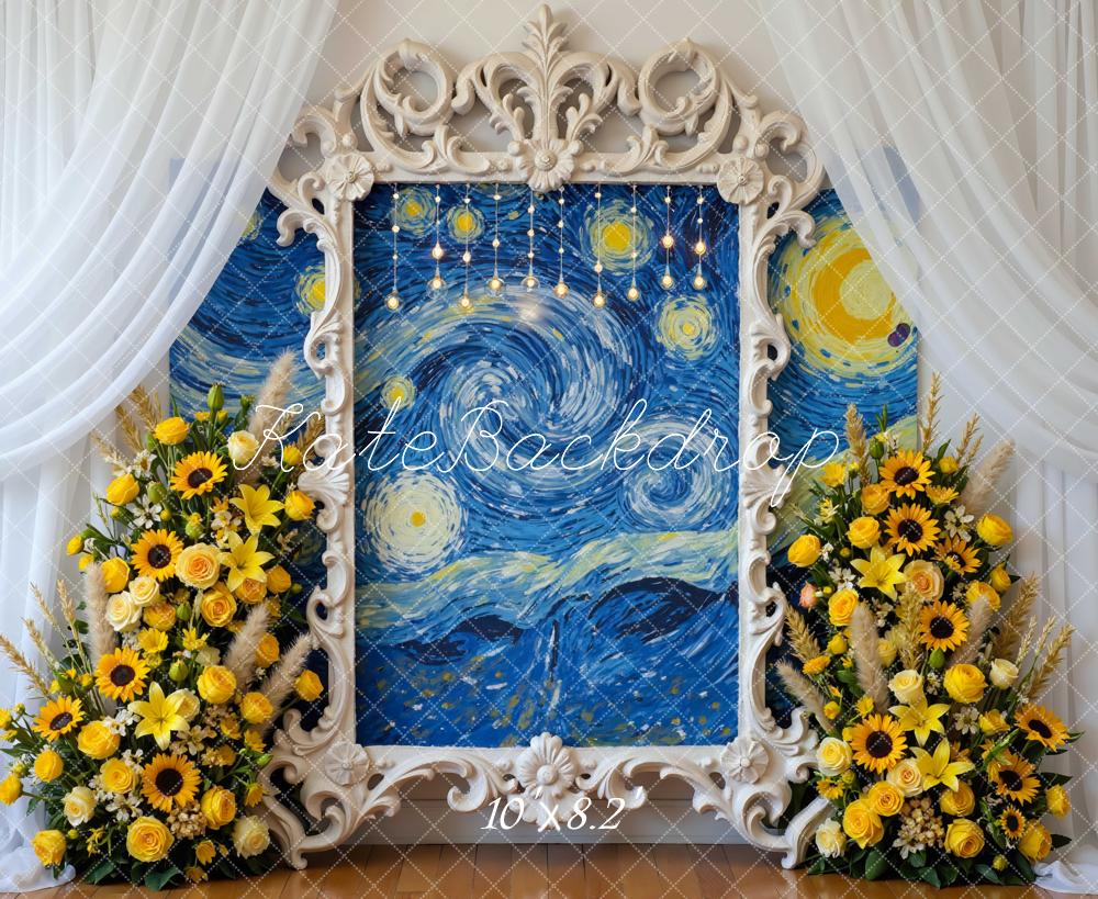 Kate Blue Night Sky Ornate Frame Sunflower Floral Arrangement Backdrop Designed by Mini MakeBelieve