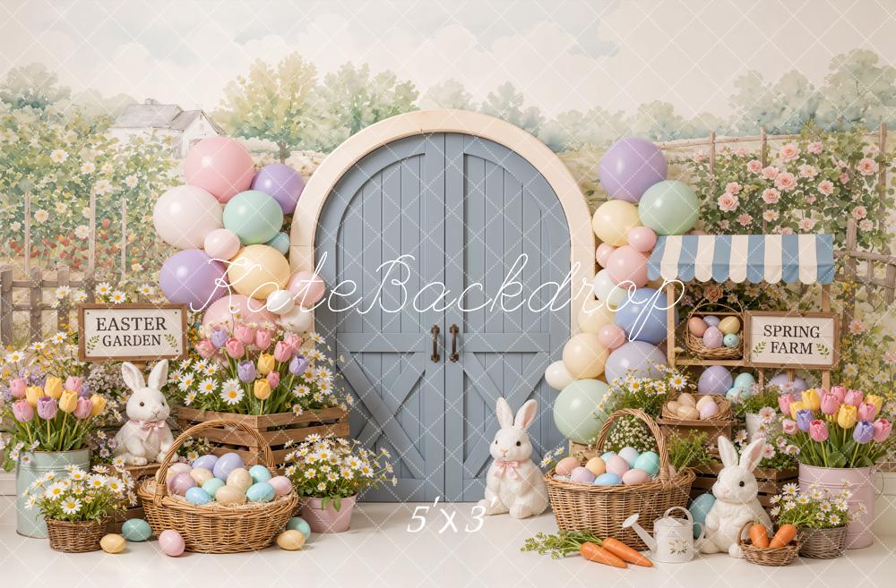 Kate Easter Cake Smash Balloons Bunny Garden Barn Door Printed Backdrop Designed by Emetselch