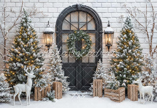 Kate Christmas Snowy Pine Trees Wreath Reindeer Black Door Printed Backdrop Designed by Emetselch