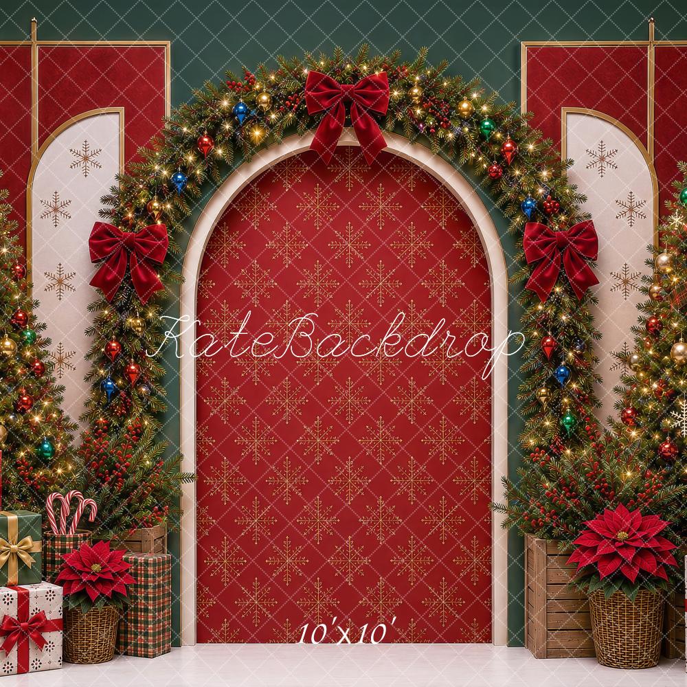 Kate Christmas Red Arch Garland Trees Presents Bow Printed Backdrop Designed by Shutter Swan Studios