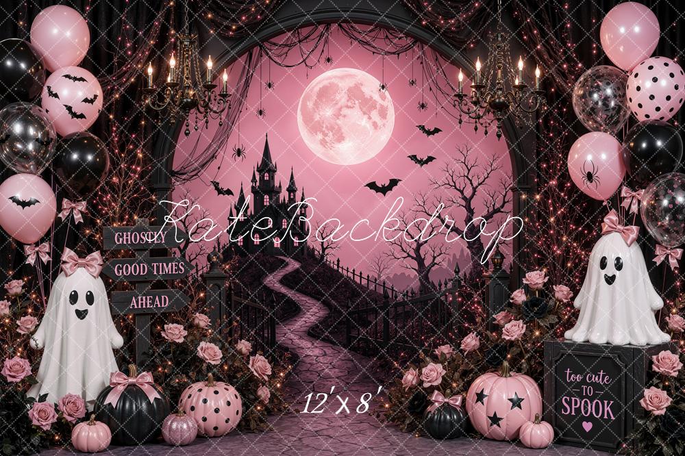 Kate Halloween Birthday Pink Gothic Castle Moon Ghosts Printed Backdrop Designed by Shutter Swan Studios