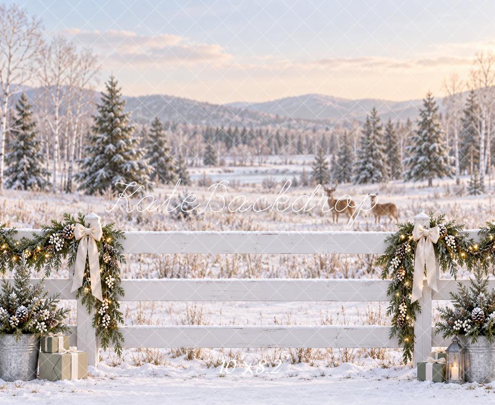 Kate Christmas Snowy Fence Deer Evergreen Garland Printed Backdrop Designed by Vertigo Productions