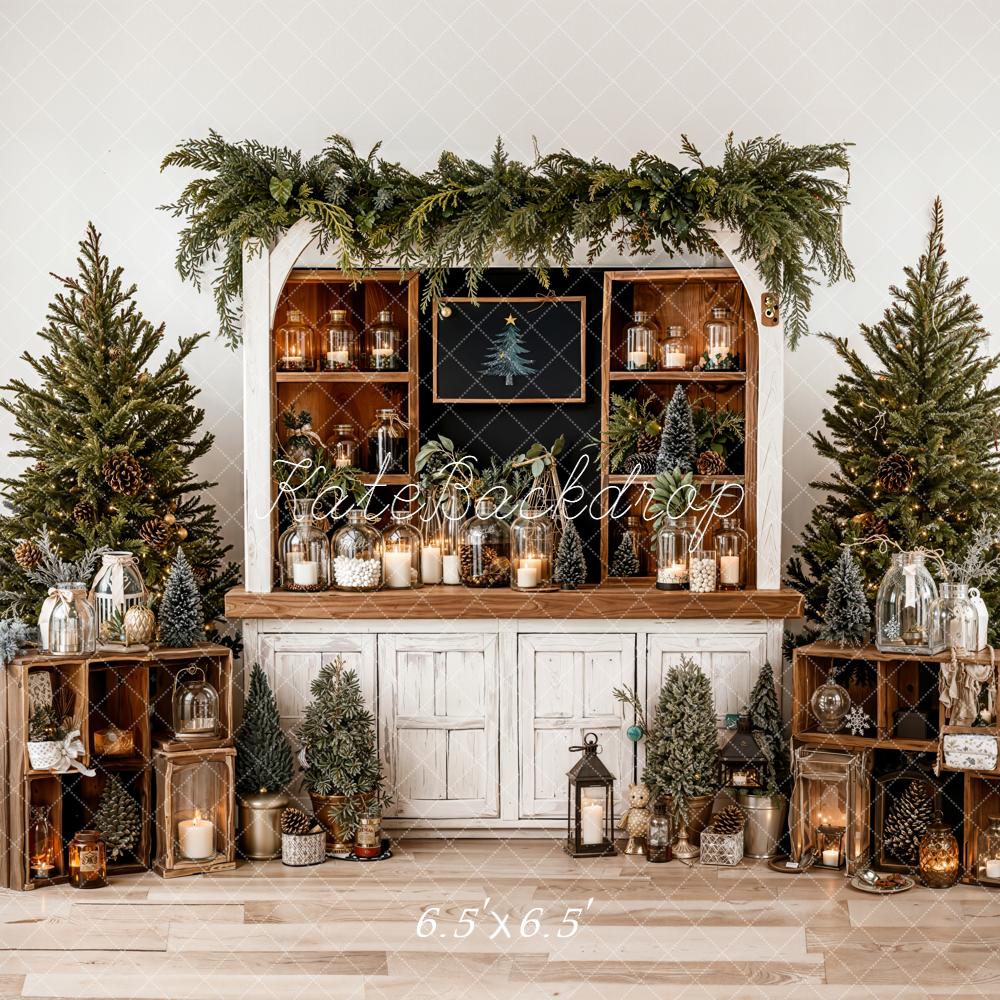 Kate Christmas Pine Trees Wooden White Cabinet Bottles Backdrop Designed by Emetselch