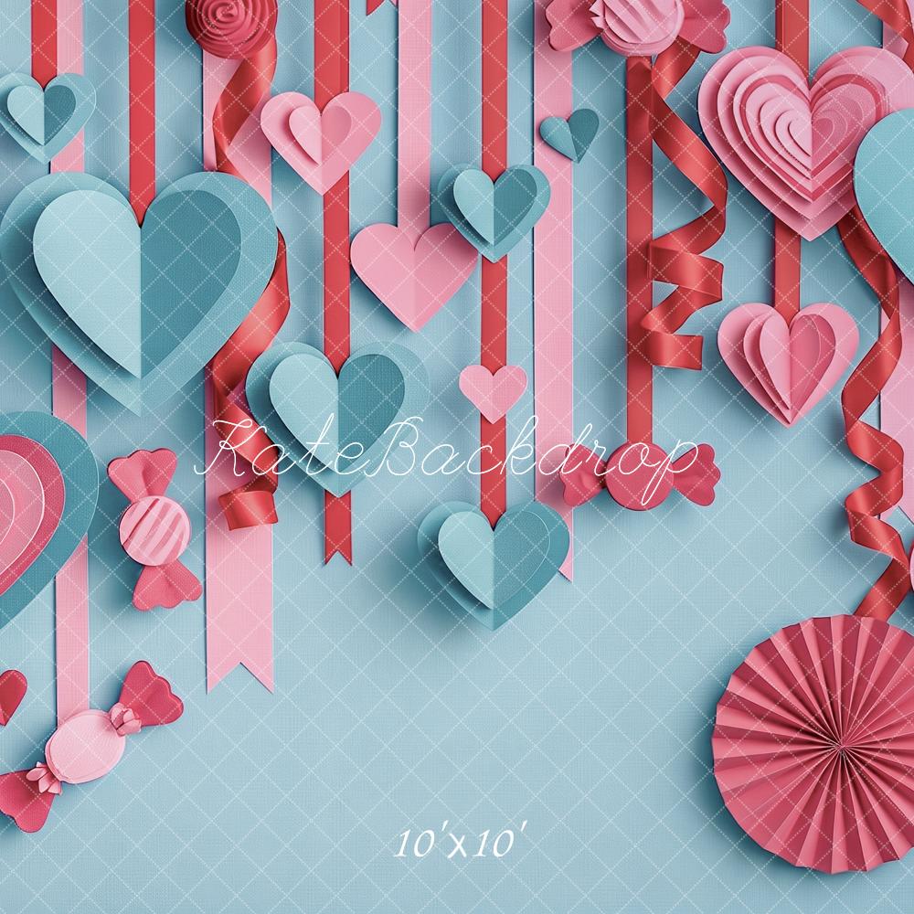 Kate Valentine's Day Layered Paper Pink Blue Hearts Printed Backdrop Designed by Angela Miller
