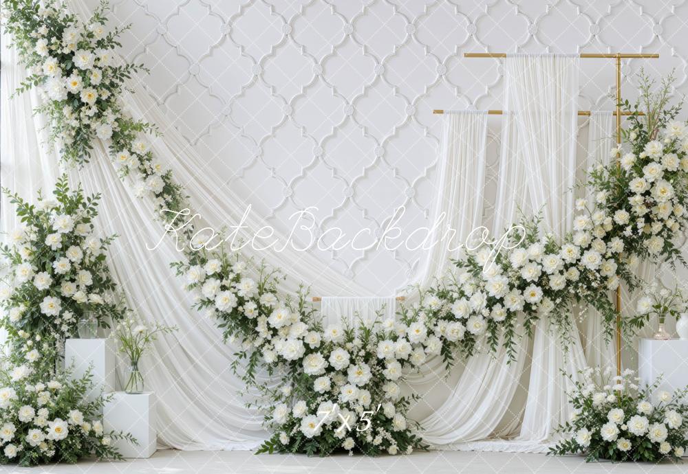 Kate Spring Elegant White Flower Arch Drapes Printed Backdrop Designed by Mini MakeBelieve