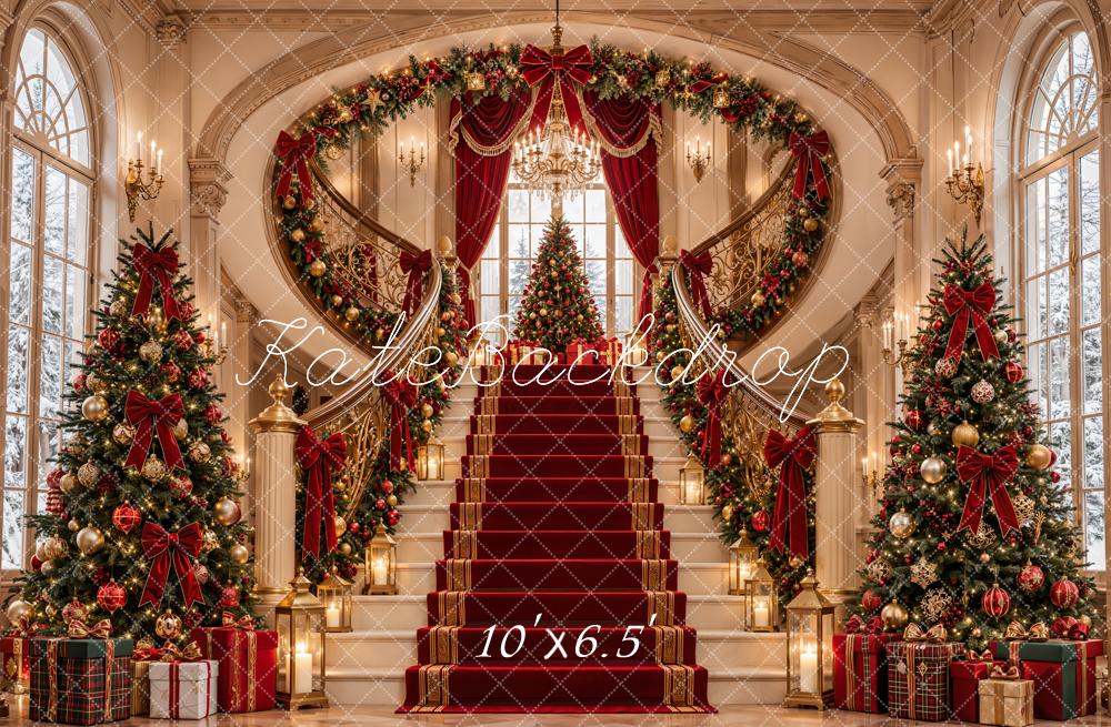 Kate Christmas Cascading Stairs Palace Red Carpet Luxury Trees Printed Backdrop Designed by Emetselch