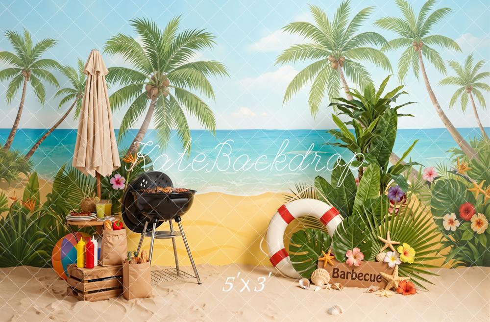 Kate Summer Beach Palm Trees Barbecue Umbrella Flowers Backdrop Designed by Emetselch
