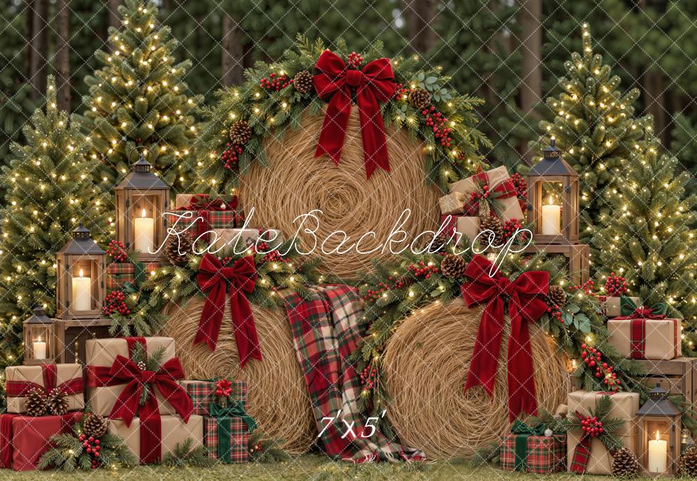 Kate Christmas Hay Bale Wreaths Red Bow Tartan Gifts Trees Printed Backdrop Designed by Emetselch