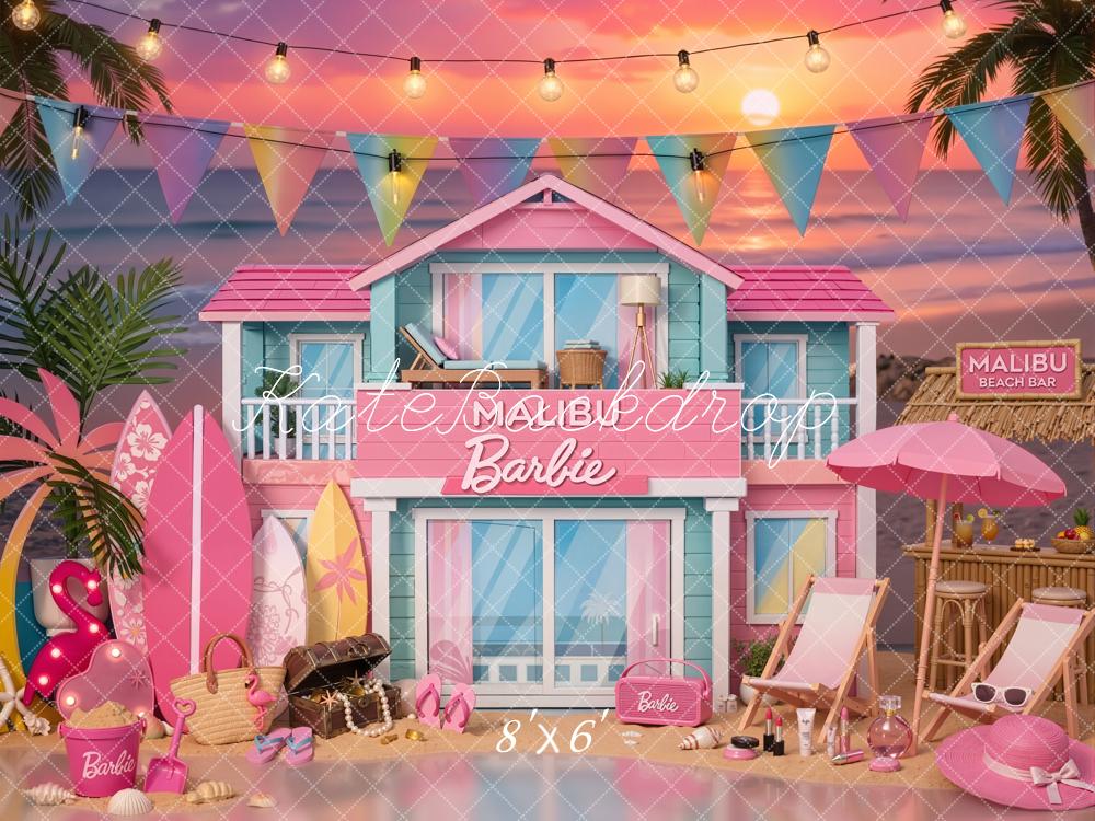 Kate Fashion Doll Malibu Beach House Surfboards Palm Trees Sunset Printed Backdrop Designed by Emetselch