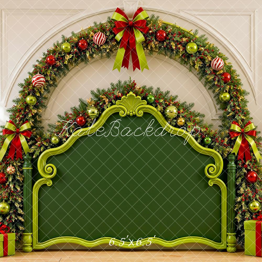 Kate Christmas Headboard Elf Green Garland Presents Printed Backdrop Designed by Shutter Swan Studios