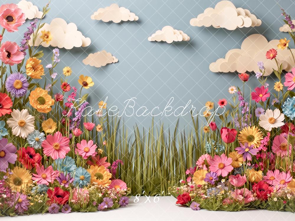 Kate Spring Paper Flowers Wildflower Meadow Clouds Printed Backdrop Designed by Angela Miller