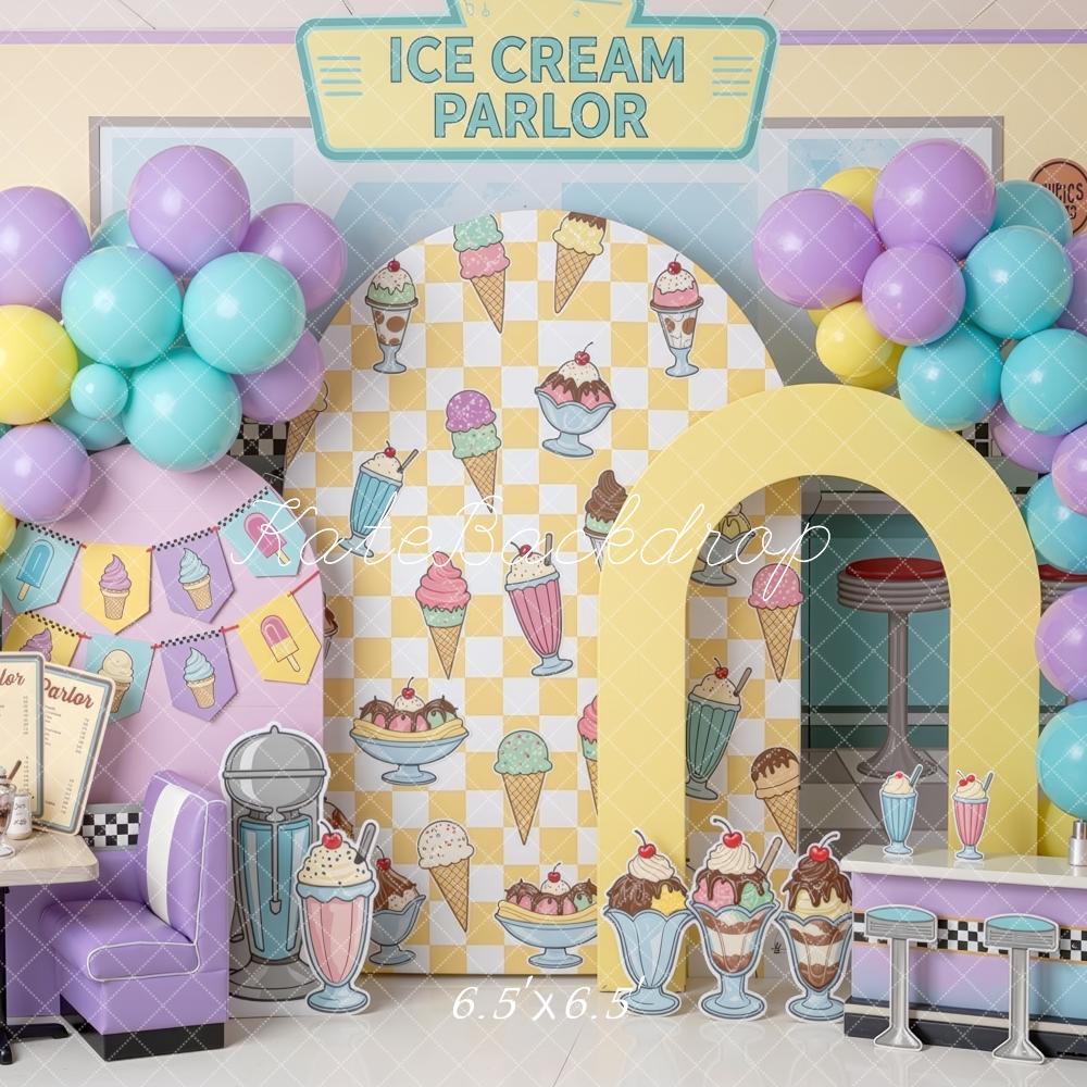 Kate Cake Smash Ice Cream Parlor Pastel Balloons Diner Booth Printed Backdrop Designed by Mini MakeBelieve