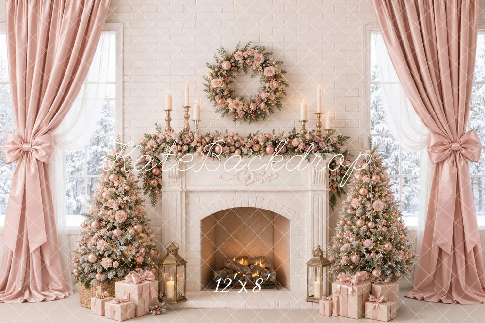 Kate Christmas Tree Pink Curtains Floral Fireplace Wreath Printed Backdrop Designed by Emetselch