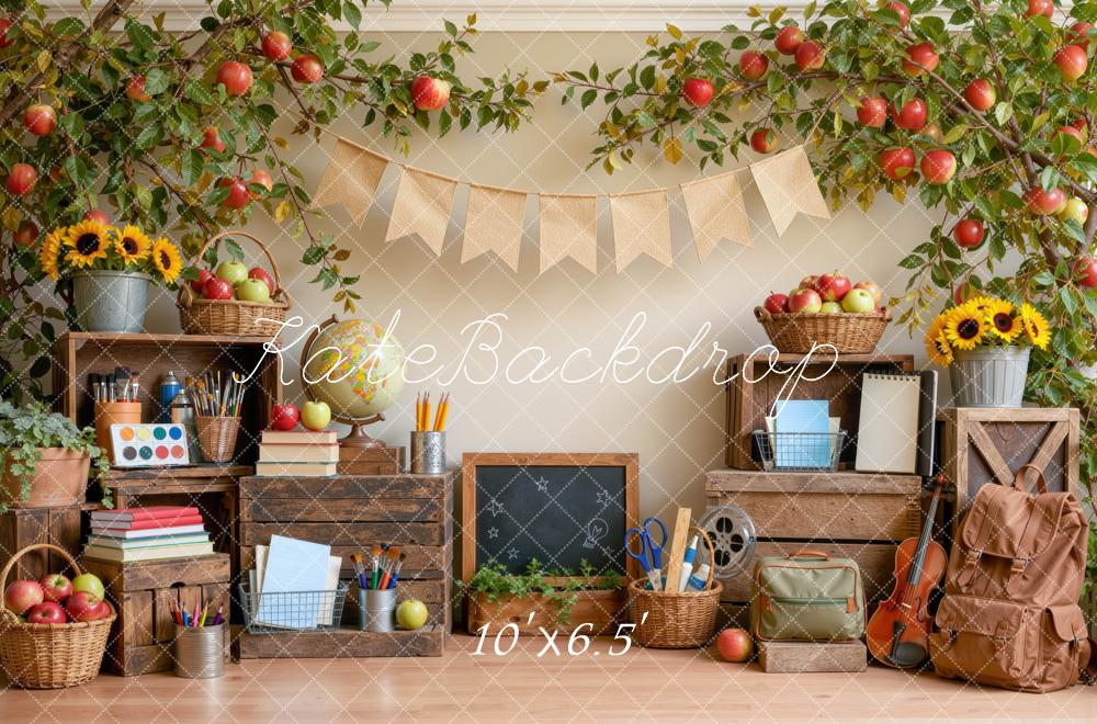 Kate Back To School Apple Classroom Chalkboard Sunflowers Printed Backdrop Designed by Mini MakeBelieve