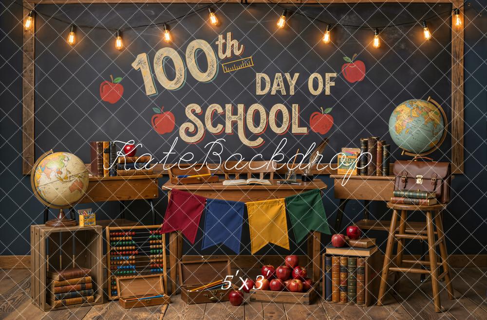 Kate 100th day of school Classroom Desk Books Apples Globe Chalkboard Printed Backdrop Designed by Emetselch