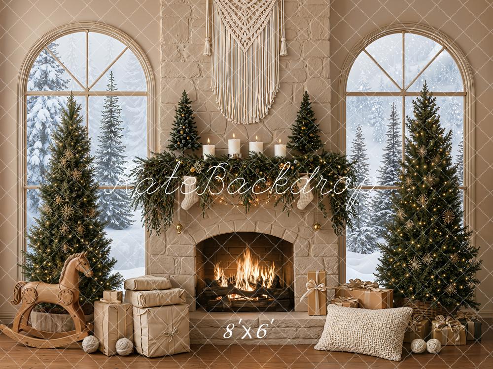Kate Christmas Boho Fireplace Macrame Trees Gift Rocking Horse Printed Backdrop Designed by Emetselch