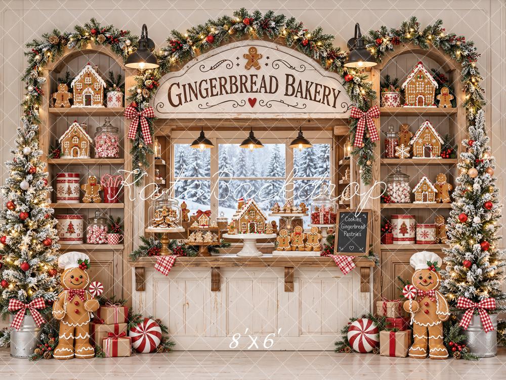 Kate Christmas Gingerbread Bakery Shop Garland Window Printed Backdrop Designed by Emetselch