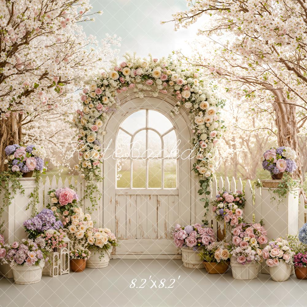Kate Flower Arch White Door Cherry Blossom Garden Backdrop Designed by Emetselch