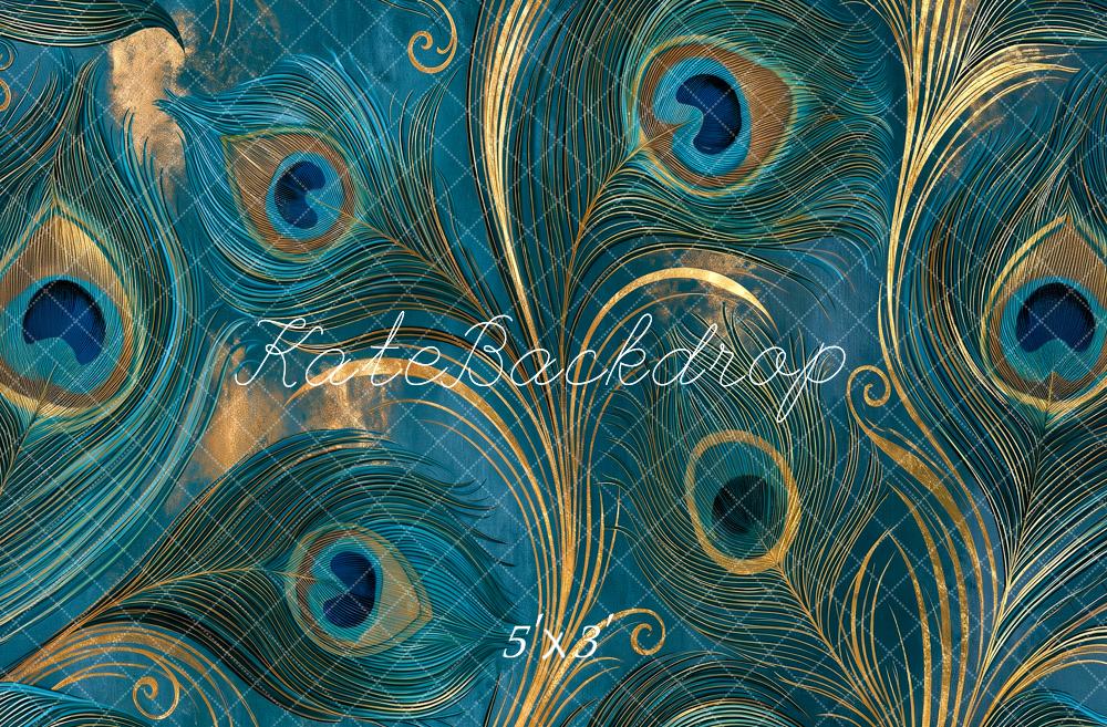 Kate Fine Art Teal Peacock Feather Gold Swirl Pattern Printed Backdrop Designed by Angela Miller