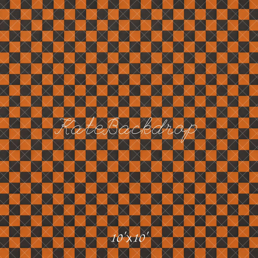 Kate Orange Black Checkerboard Pattern Floor Printed Backdrop Designed by Mini MakeBelieve
