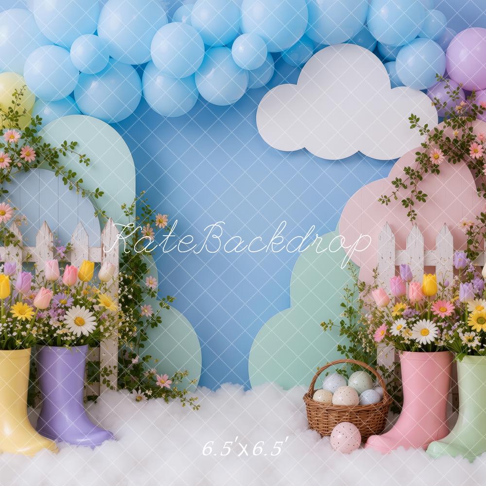 Kate Easter Rain Boots Floral Balloon Arch Picket Fence Printed Backdrop Designed by Ashley Ward