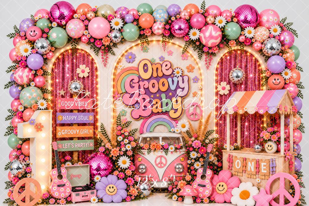 Kate 1st Birthday Groovy Baby Balloon Arch Camper Van Pink Printed Backdrop Designed by Ashley Paul