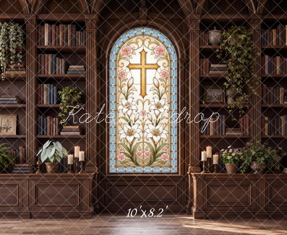 Kate Christian Ministry Stained Glass Cross Pastor Library Printed Backdrop Designed by Ashley Ward