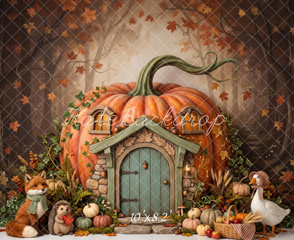 Kate Fall Pumpkin Cottage Woodland Animals Printed Backdrop Designed by Patty Roberts