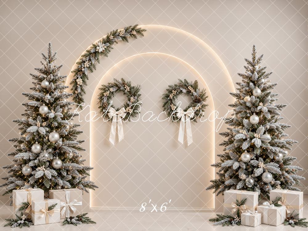 Kate Christmas Beige Tree Arch Wreaths Gifts Printed Backdrop Designed by Emetselch