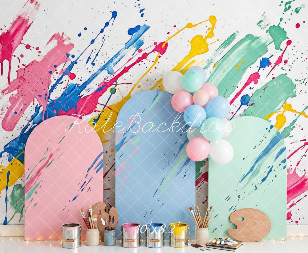 Kate Party Paint Splatter Art Pastel Panels Balloons Printed Backdrop Designed by Patty Roberts