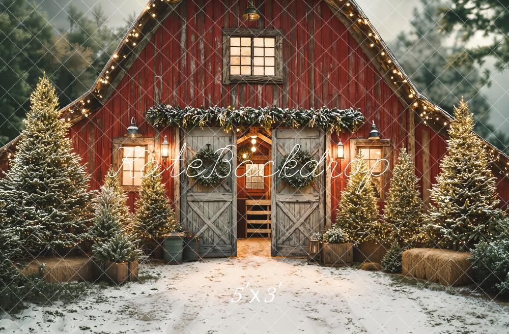 Kate Christmas Red Barn Snowy Pine Trees Backdrop Designed by Emetselch