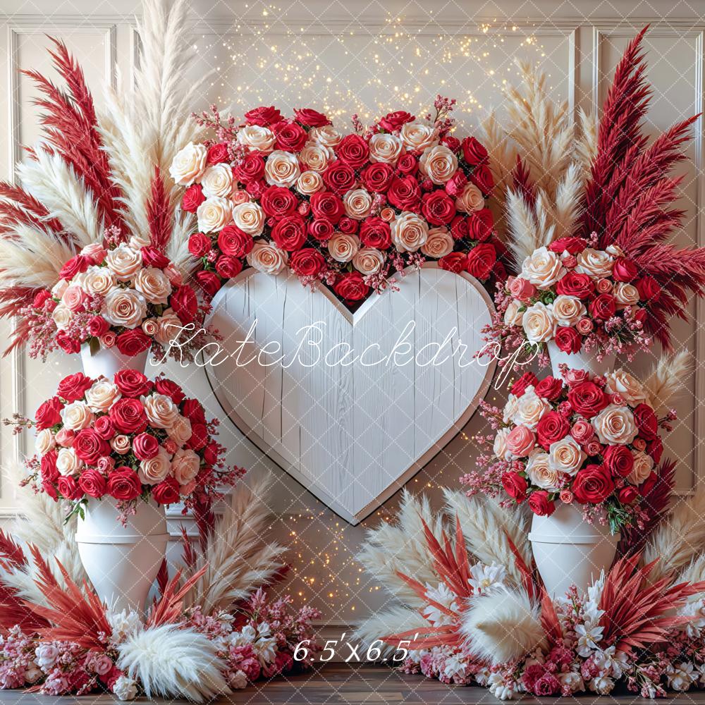 Kate Valentines Boho Wood Heart Red White Roses Pampas Grass Backdrop Designed by Mini MakeBelieve