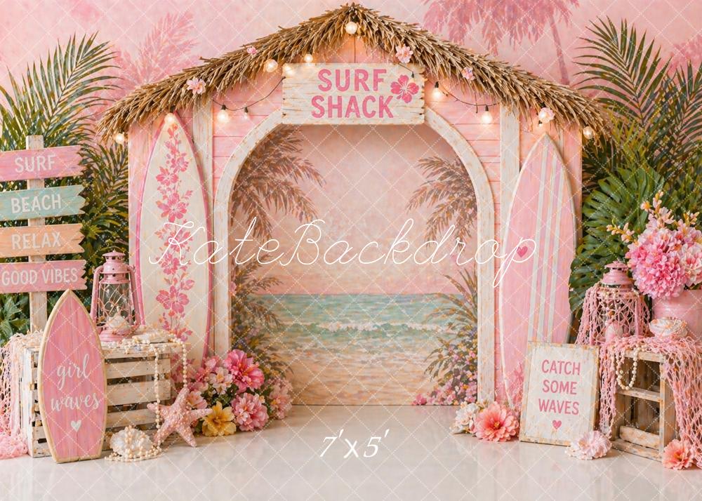 Kate Summer Beach Arch Pink Surfboards Flowers Printed Backdrop Designed by Caitlin Lynch