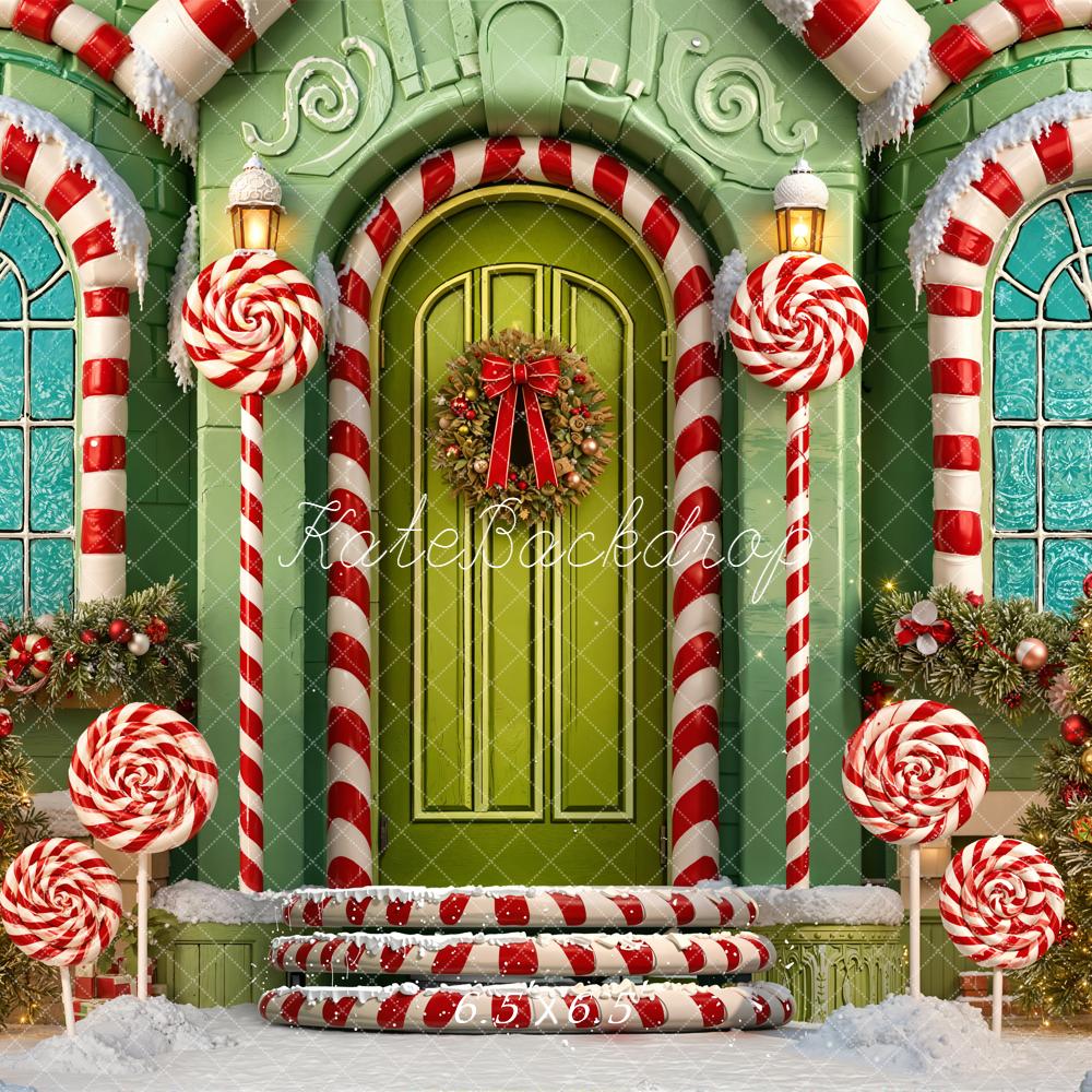 Kate Christmas Candy Cane House Green Door Lollipop Snow Backdrop Designed by Emetselch