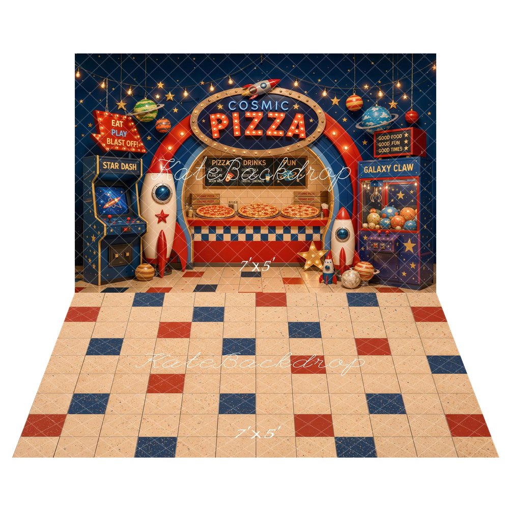 Kate Space Pizza Shop Arcade Rockets Claw Machine Planets Printed Backdrop+Checkerboard Beige Red Blue Tiles Floor Printed Backdrop