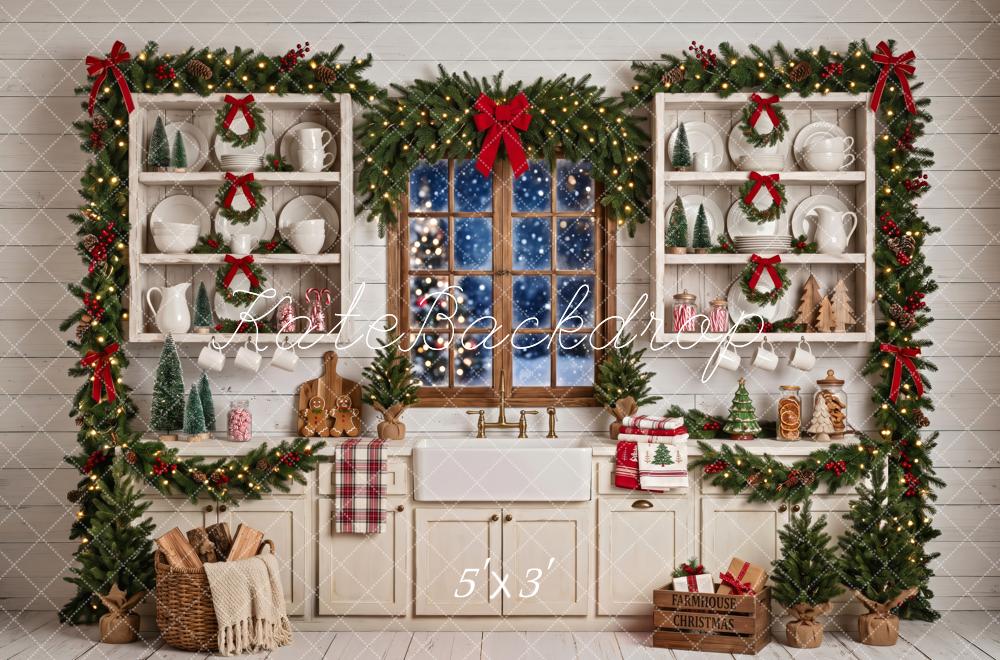 Kate Christmas Kitchen Farmhouse Window Garland White Printed Backdrop Designed by Patty Roberts