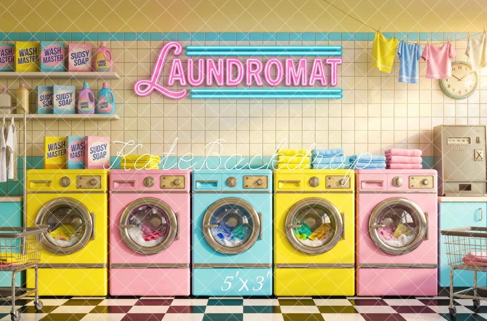 Kate Retro Pastel Laundromat Washing Machines Printed Backdrop Designed by Patty Roberts