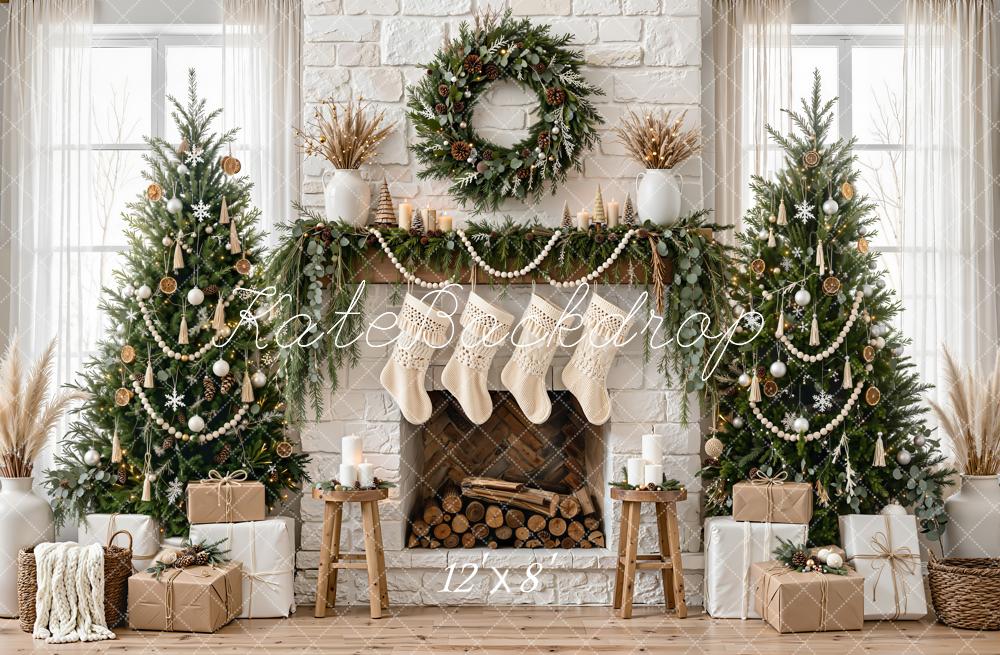 Kate Christmas Trees Fireplace Wreath Garland Gifts White Stockings Printed Backdrop Designed by Emetselch