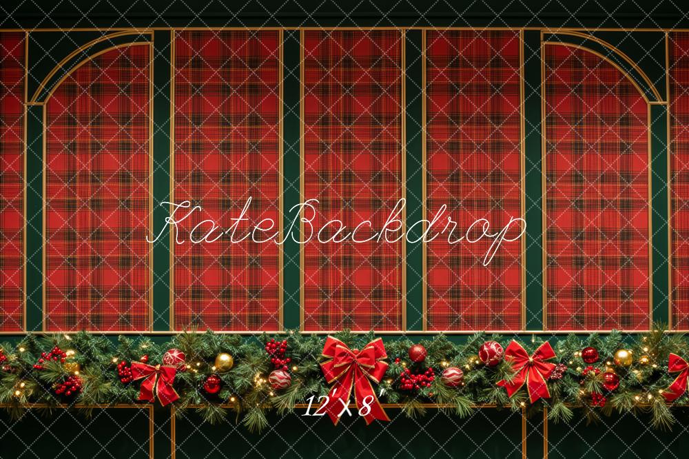 Kate Christmas Red Plaid Garland Bows Backdrop Designed by Patty Roberts