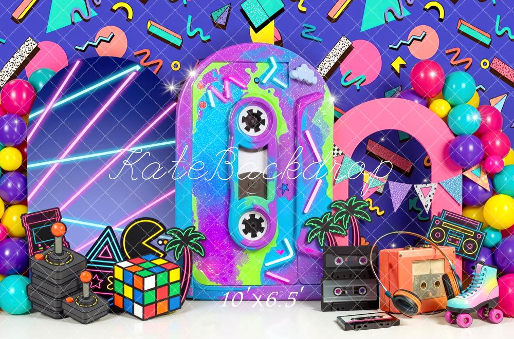 Kate Birthday Retro 80s Neon Arcade Boombox Printed Backdrop Designed by Mini MakeBelieve