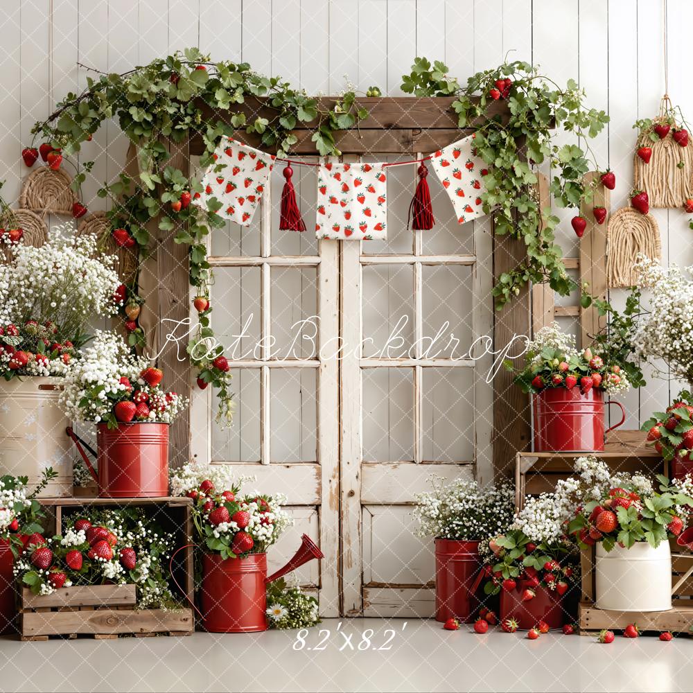 Kate Summer Strawberry Garland Rustic Window Watering Can Floral Crate Printed Backdrop Designed by Emetselch