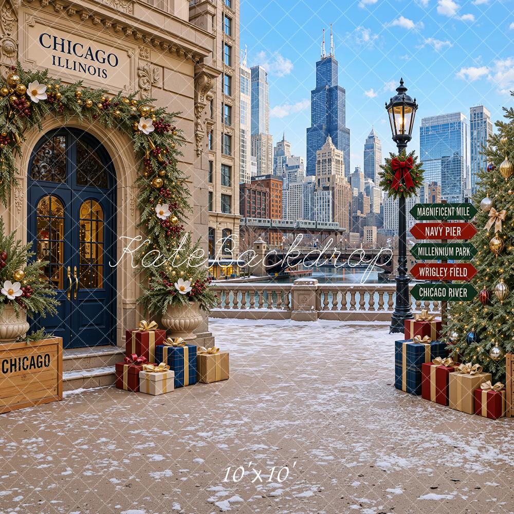 Kate Christmas Trees Chicago Cityscape Architecture Printed Backdrop Designed by Shutter Swan Studios