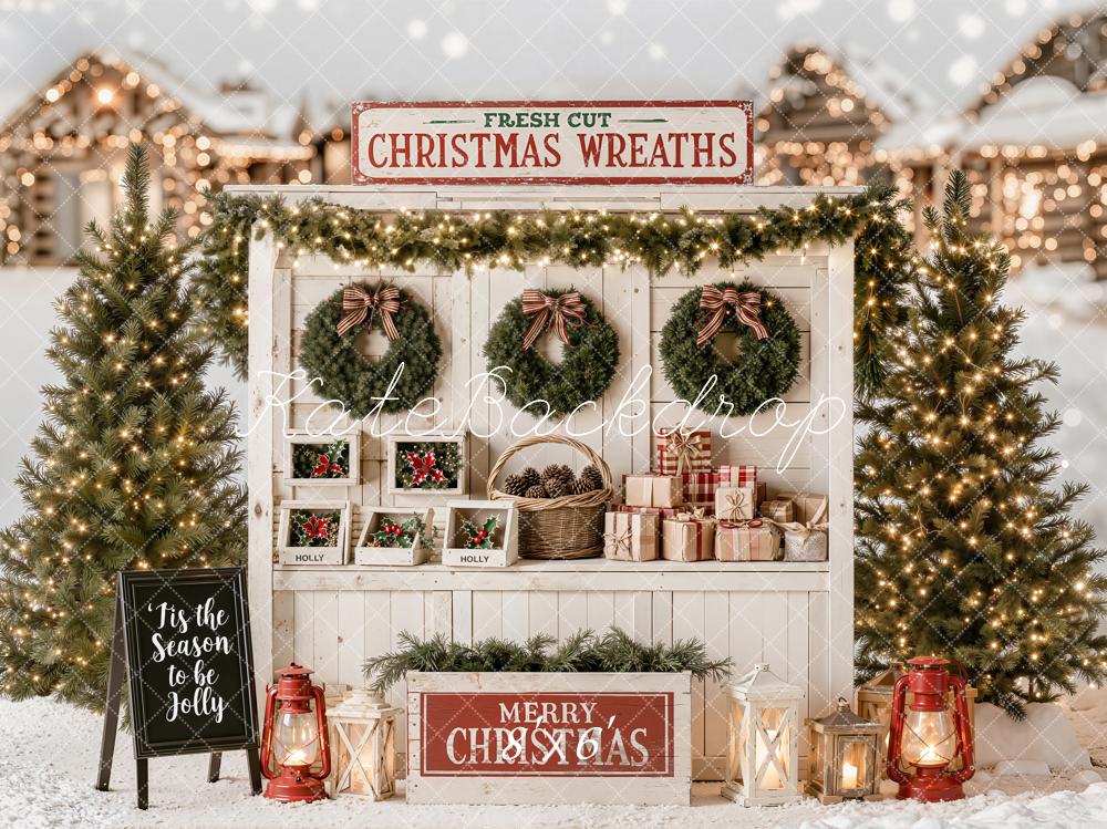 Kate Christmas Wreath Stand Evergreen Trees Gift Boxes Snow Printed Backdrop Designed by Emetselch
