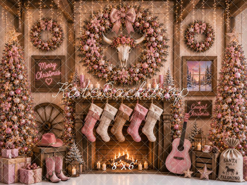 Kate Christmas Pink Rustic Fireplace Bull Skull Printed Backdrop Designed by Ashley Paul