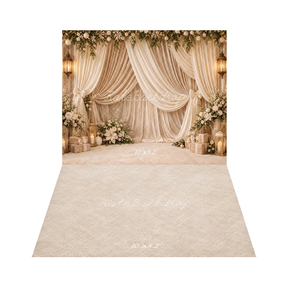 Kate Christmas Cream Drapes Garland Lanterns Presents Flowers Printed Backdrop+Beige Furry Plush Floor Printed Backdrop