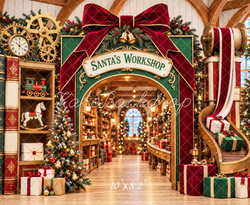 Kate Christmas Santa's Workshop Bow Arch Gifts Printed Backdrop Designed by Emetselch